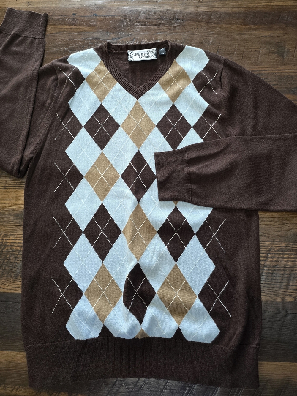 Public Opinion Men's Medium Dark & Light Brown & Light Blue Argyle Sweater NICE!